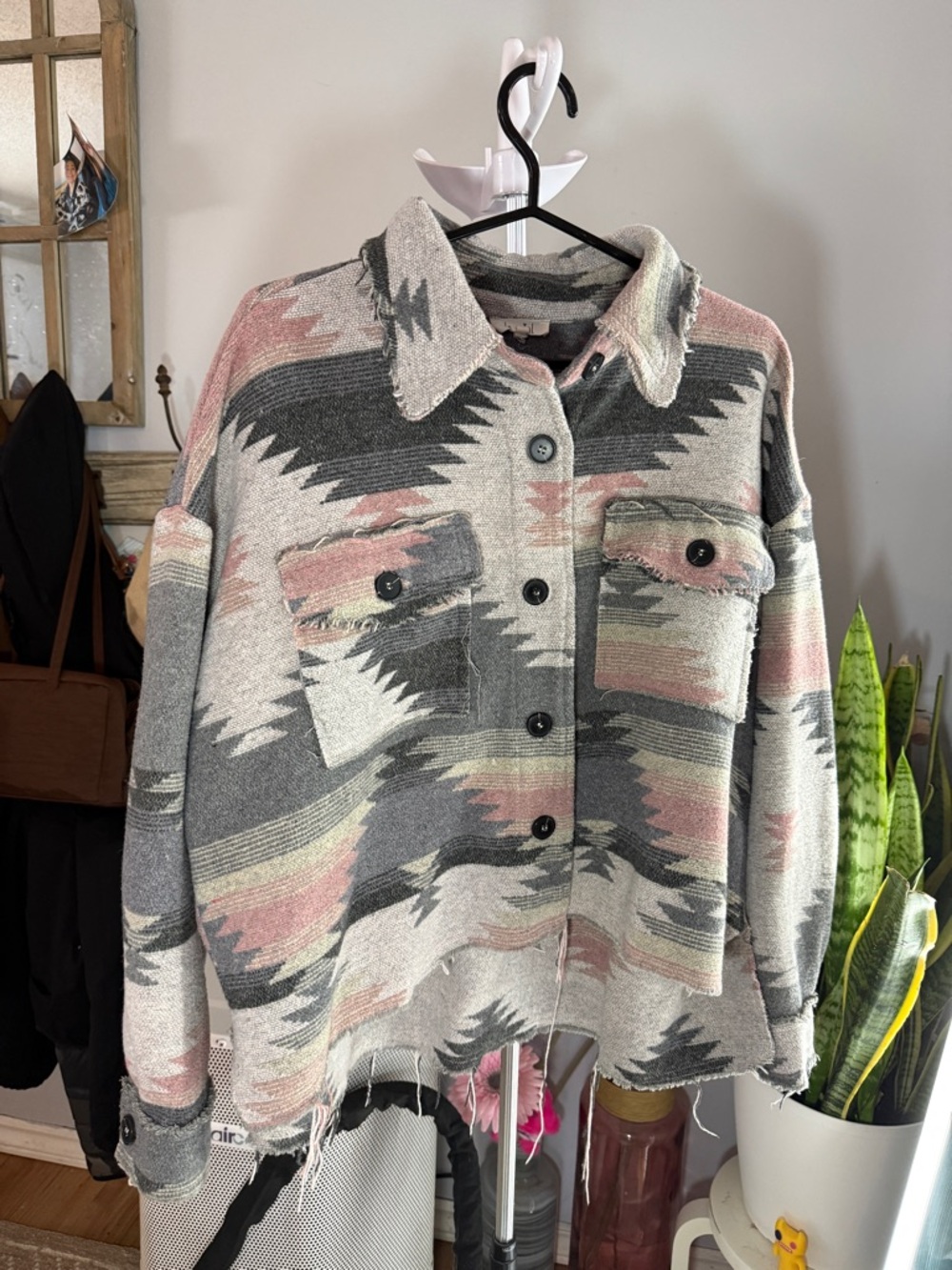 LA MIEL Aztec Button-Up Jacket in Gray, Pink & Cream